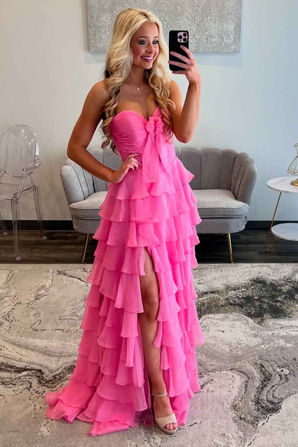 Hot Pink Sweetheart A-Line Chiffon Long Ruffled Prom Dress with Slit