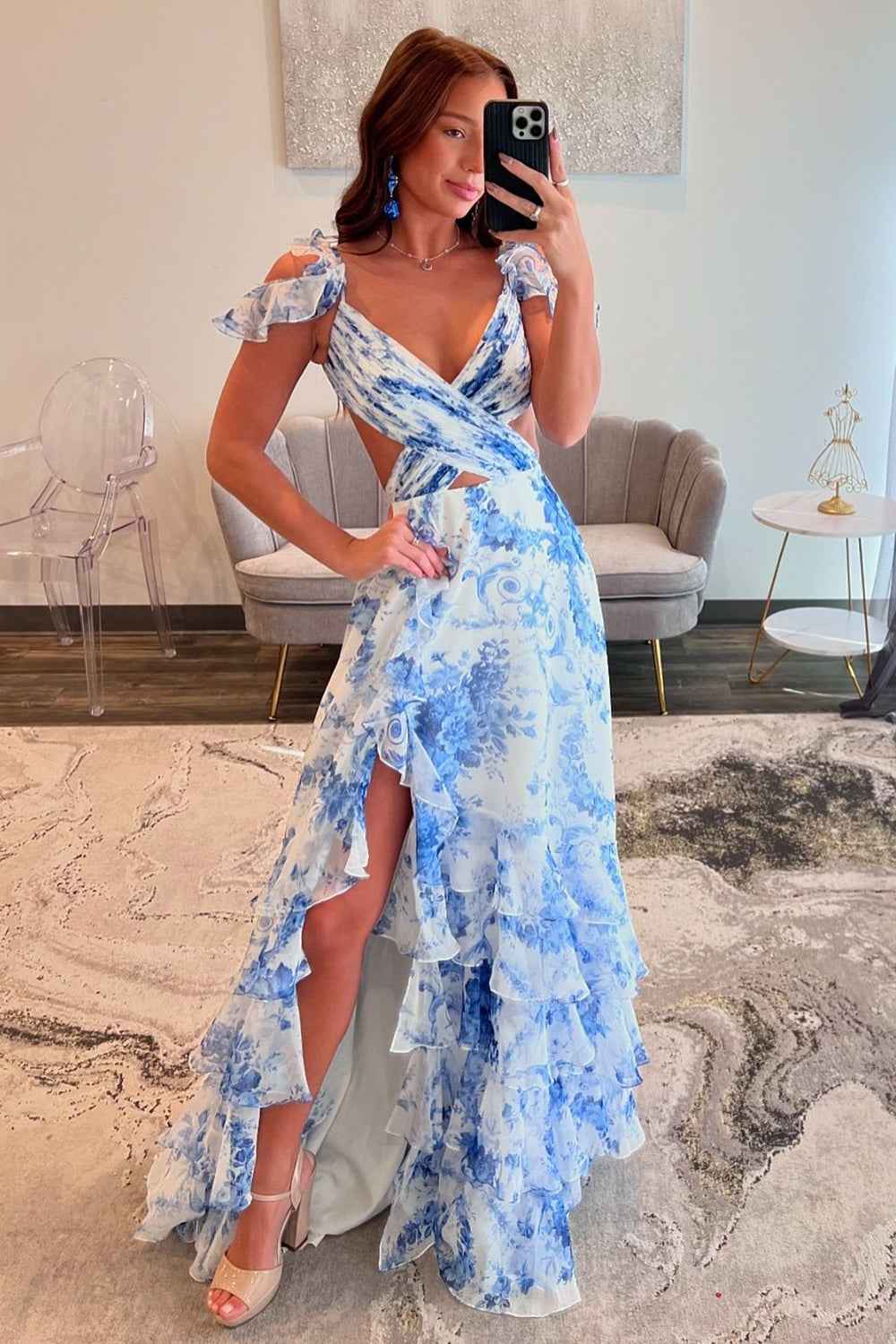 Blue White Flower Printed V-neck A-Line Chiffon Tiered Long Prom Dress with Slit