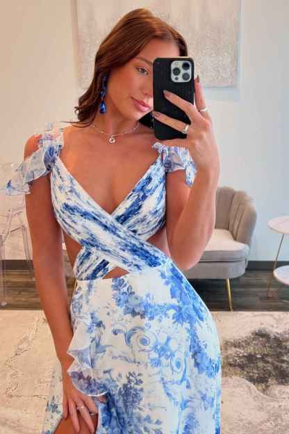 Blue White Flower Printed V-neck A-Line Chiffon Tiered Long Prom Dress with Slit