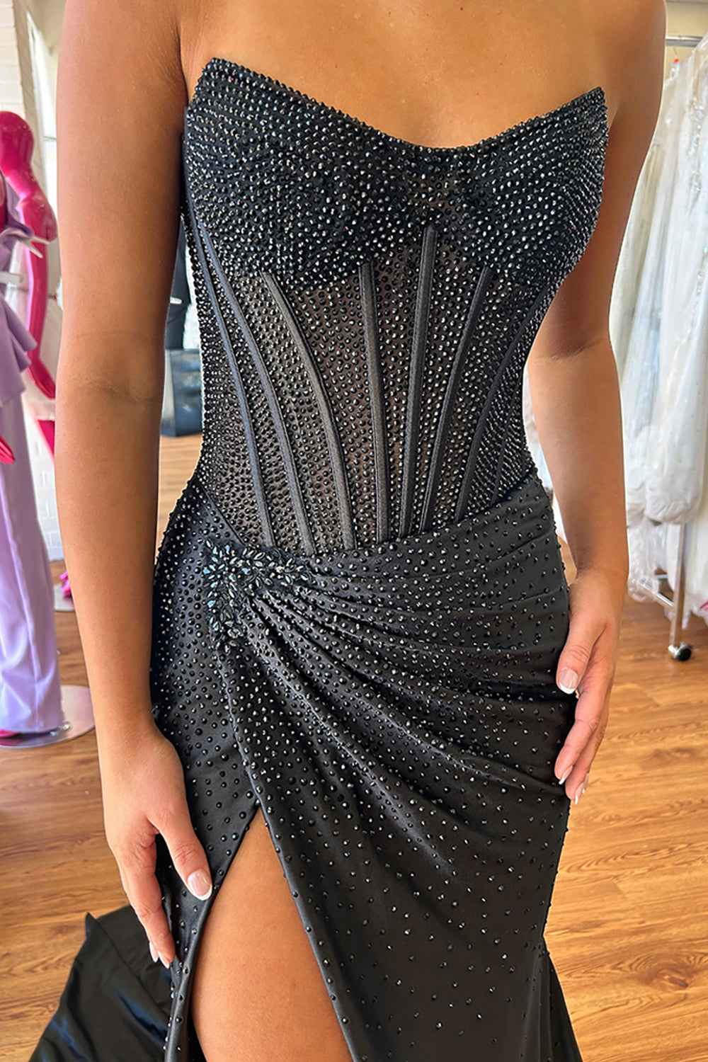 Sparkly Golden Sweetheart Mermaid Beaded Long Corset Prom Dress with Slit