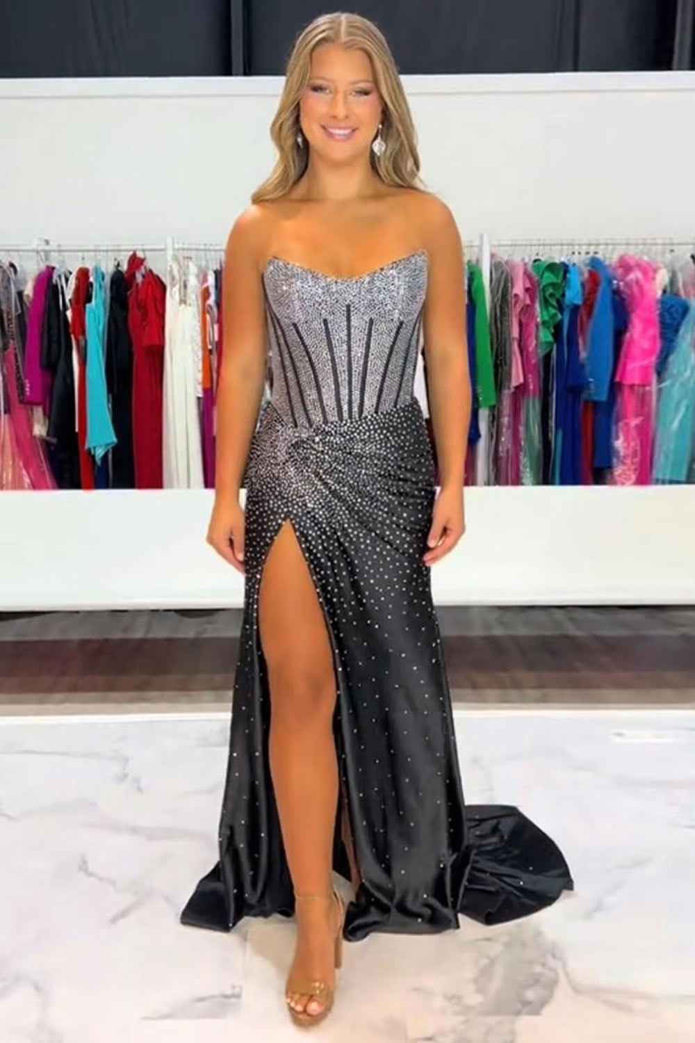 Sparkly Golden Sweetheart Mermaid Beaded Long Corset Prom Dress with Slit