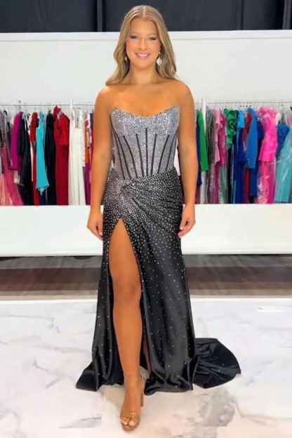 Sparkly Golden Sweetheart Mermaid Beaded Long Corset Prom Dress with Slit