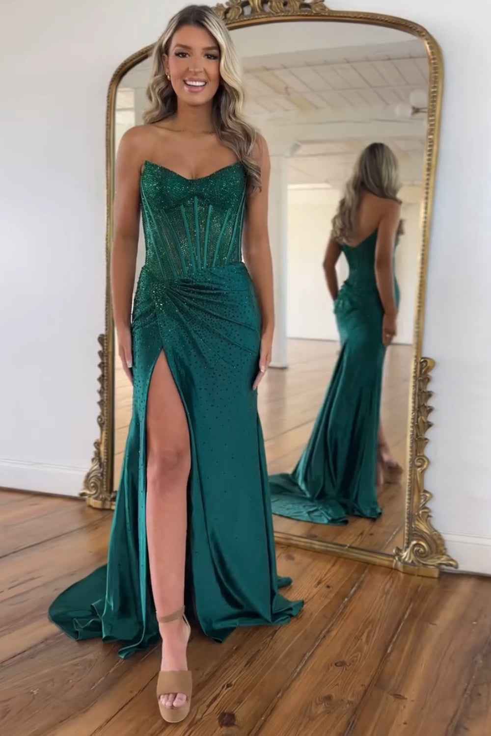 Sparkly Golden Sweetheart Mermaid Beaded Long Corset Prom Dress with Slit
