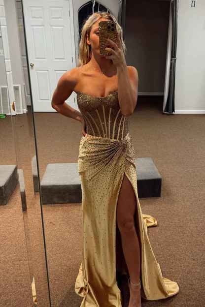 Sparkly Golden Sweetheart Mermaid Beaded Long Corset Prom Dress with Slit