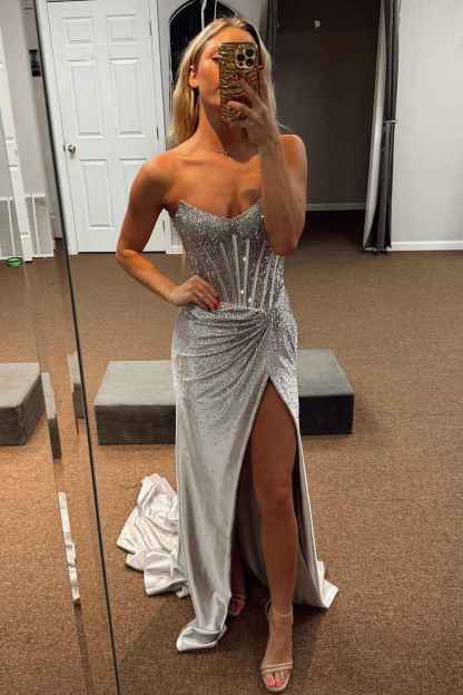 Sparkly Golden Sweetheart Mermaid Beaded Long Corset Prom Dress with Slit