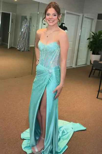 Sparkly Golden Sweetheart Mermaid Beaded Long Corset Prom Dress with Slit