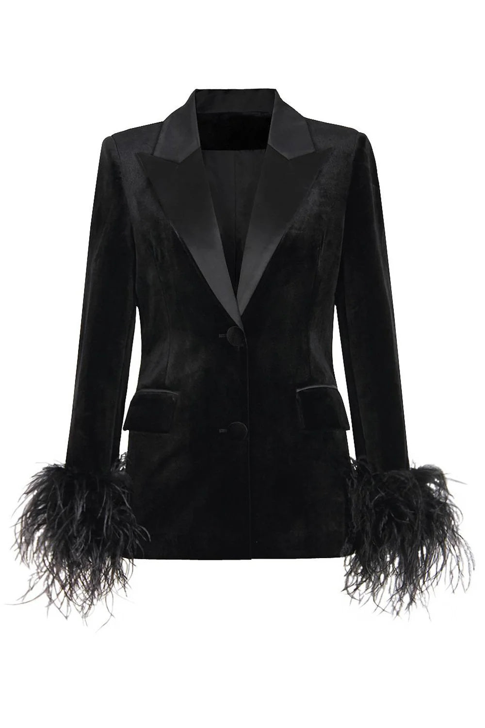 Black Velvet Women's Coat with Feathers and Peak Lapel