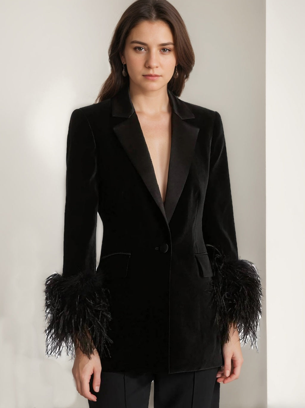 Black Velvet Women's Coat with Feathers and Peak Lapel