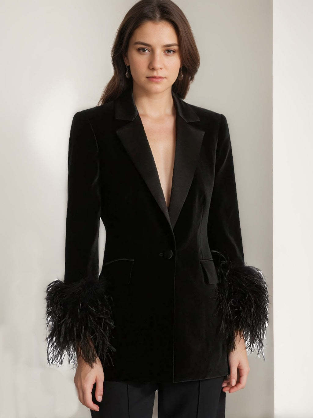 Black Velvet Women's Coat with Feathers and Peak Lapel