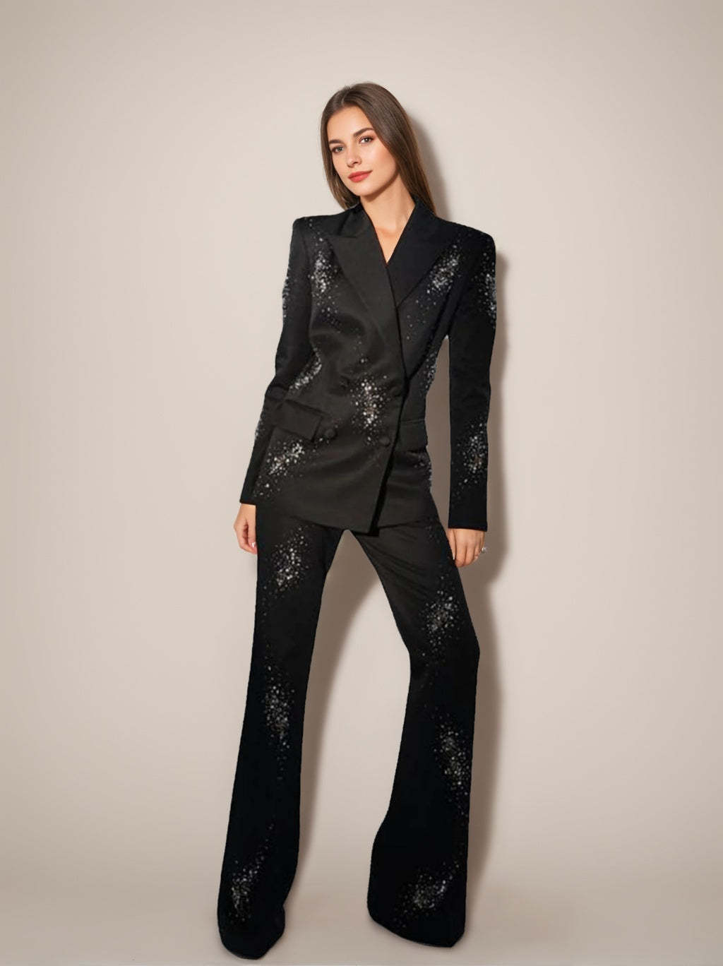 Double-Breasted Black Suits For Women With Sparkly Peak Lapels
