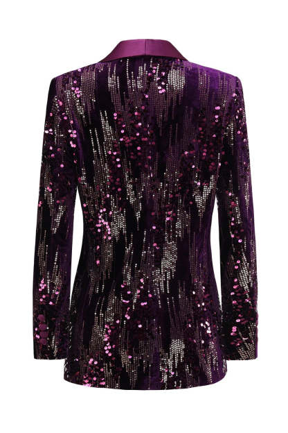 Purple Sparkle Shawl Collar Blazer With Sequins For Women