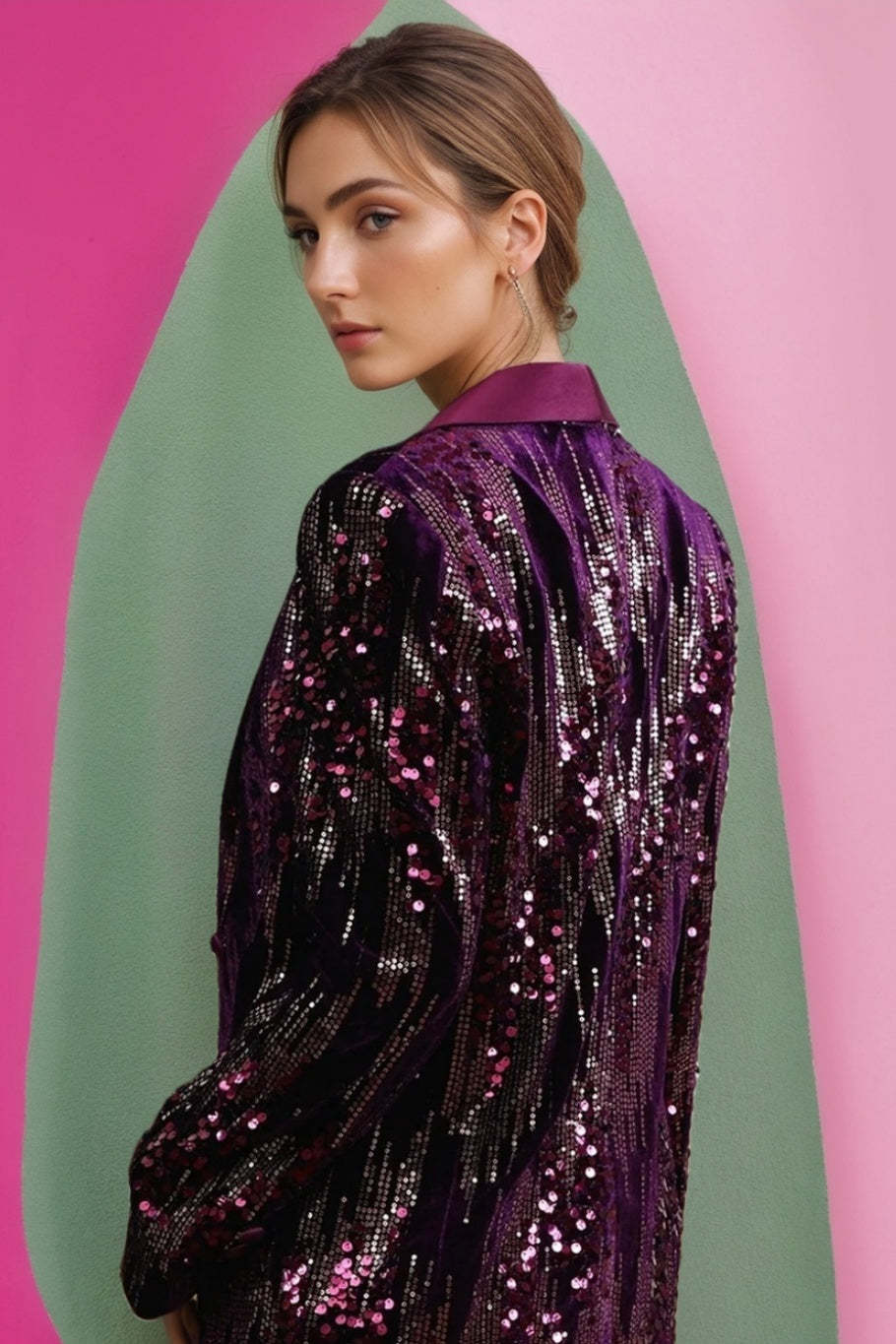Purple Sparkle Shawl Collar Blazer With Sequins For Women
