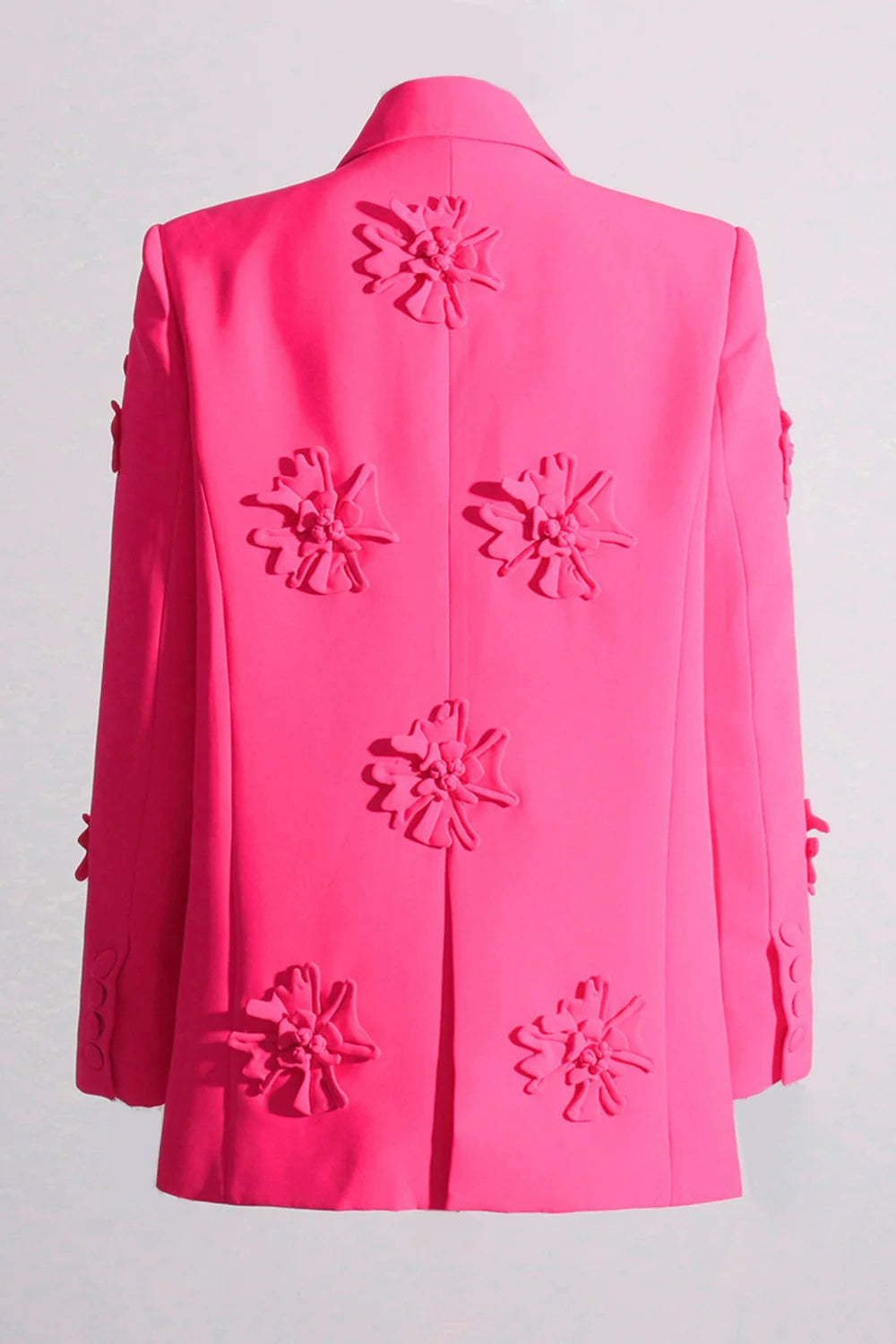 Fuchsia double-breasted blazer for women featuring peak lapels and floral details