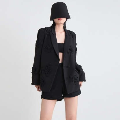 Fuchsia double-breasted blazer for women featuring peak lapels and floral details