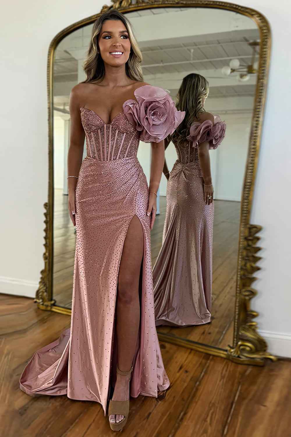 Navy Mermaid One Shoulder Beaded Long Corset Prom Dress with Slit