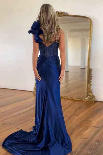 Navy Mermaid One Shoulder Beaded Long Corset Prom Dress with Slit