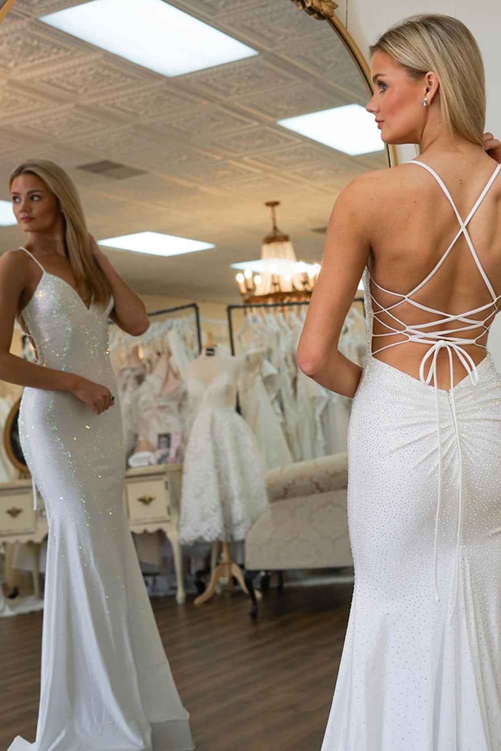 Red Spaghetti Straps Mermaid Long Prom Dress with Beading