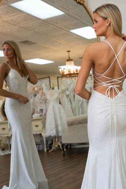 Red Spaghetti Straps Mermaid Long Prom Dress with Beading