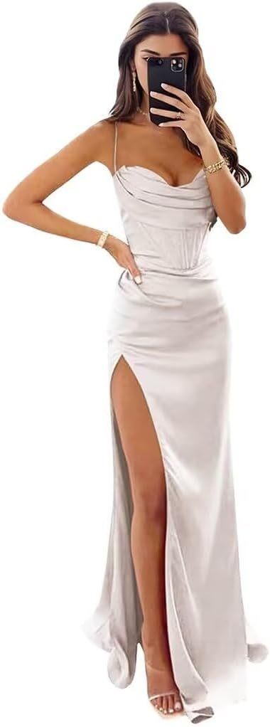 Satin Prom Dresses for Women Long 2025 Spaghetti Straps Mermaid Formal Evening Party Gown with Slit-BMbridal.UK