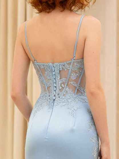 Light Blue Satin Spaghetti Strap Lace Corset Prom Dress with High Slit