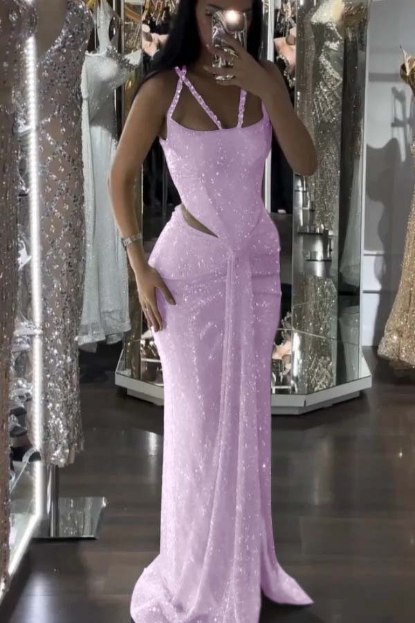 Straps Sleeveless Long Mermaid Prom Dress With Sequins Pleated