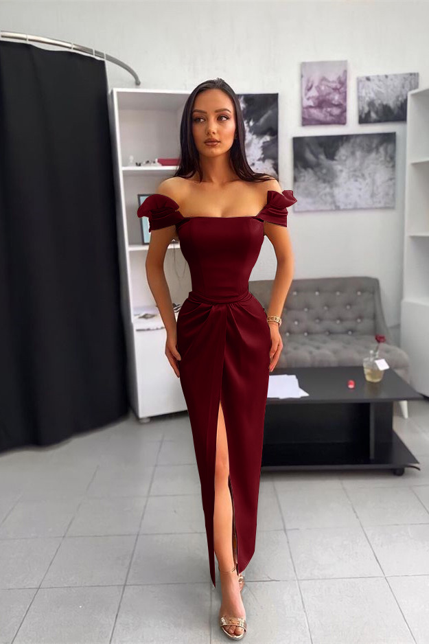 Off the Shoulder Split Ankle Long Prom Dress With Chic Wrinkle