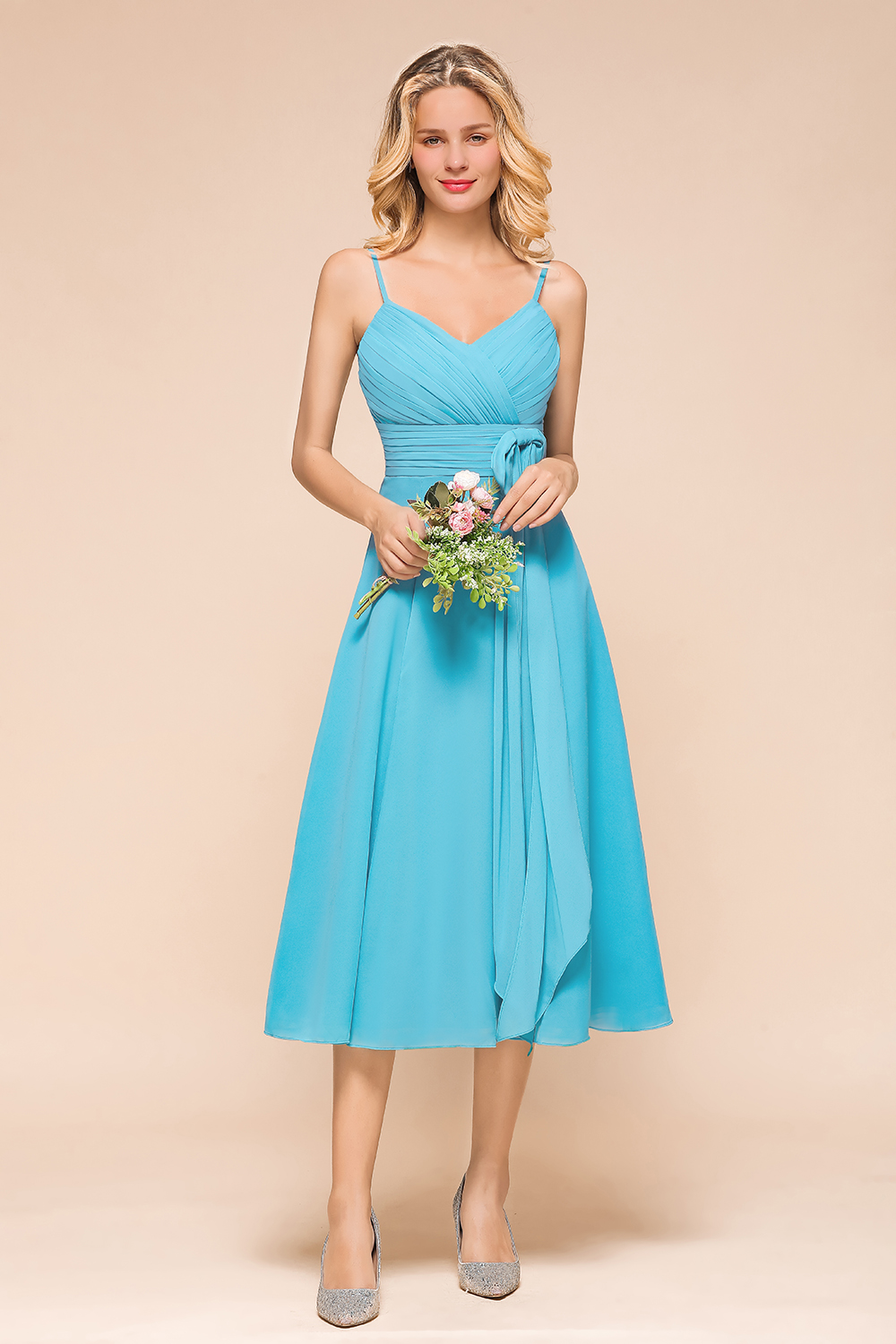 BMbridal Affordable Spaghetti Straps Blue Chiffon Bridesmaid Dress with Ruffle-BMbridal