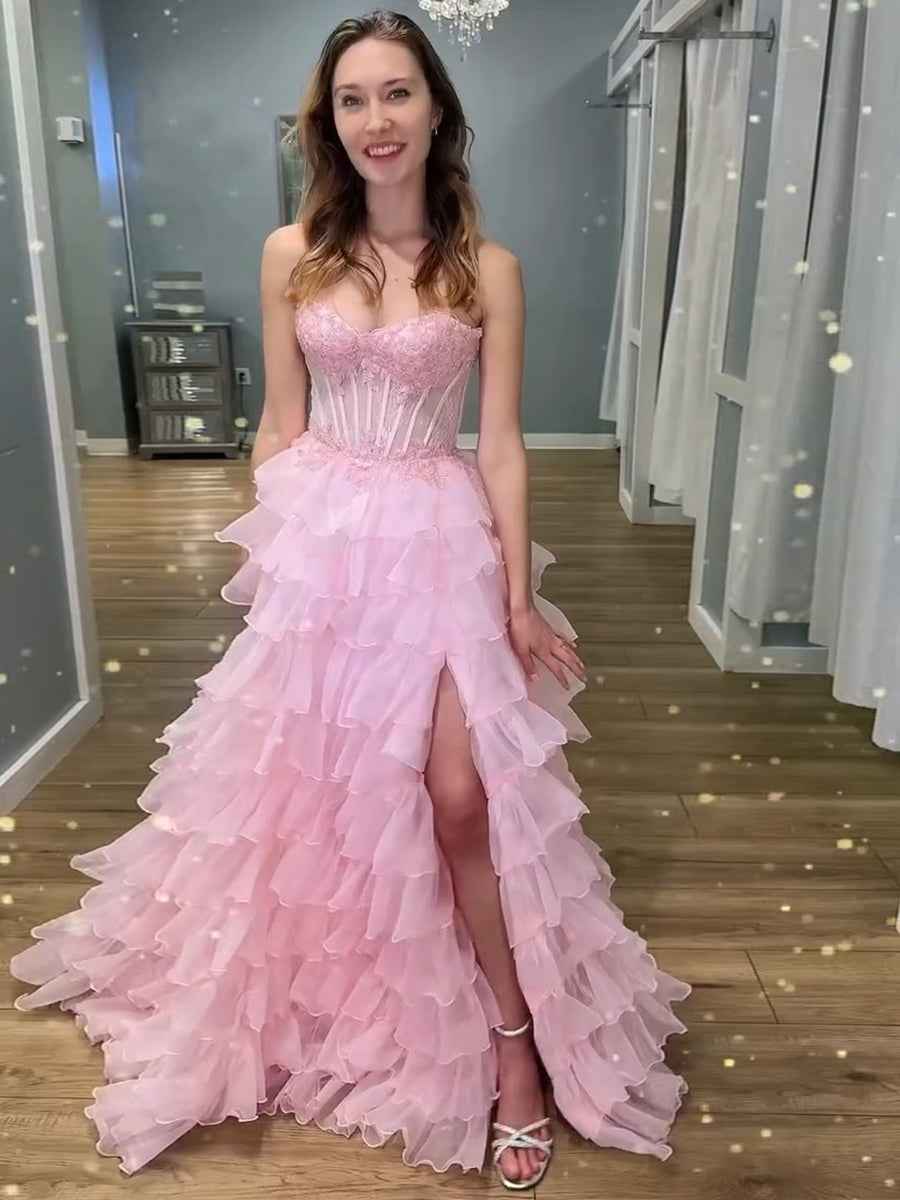 Pink Strapless Tiered Ruffles Lace Applique|s Corset Prom Dress with Slit