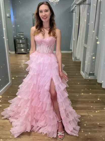 Pink Strapless Tiered Ruffles Lace Applique|s Corset Prom Dress with Slit