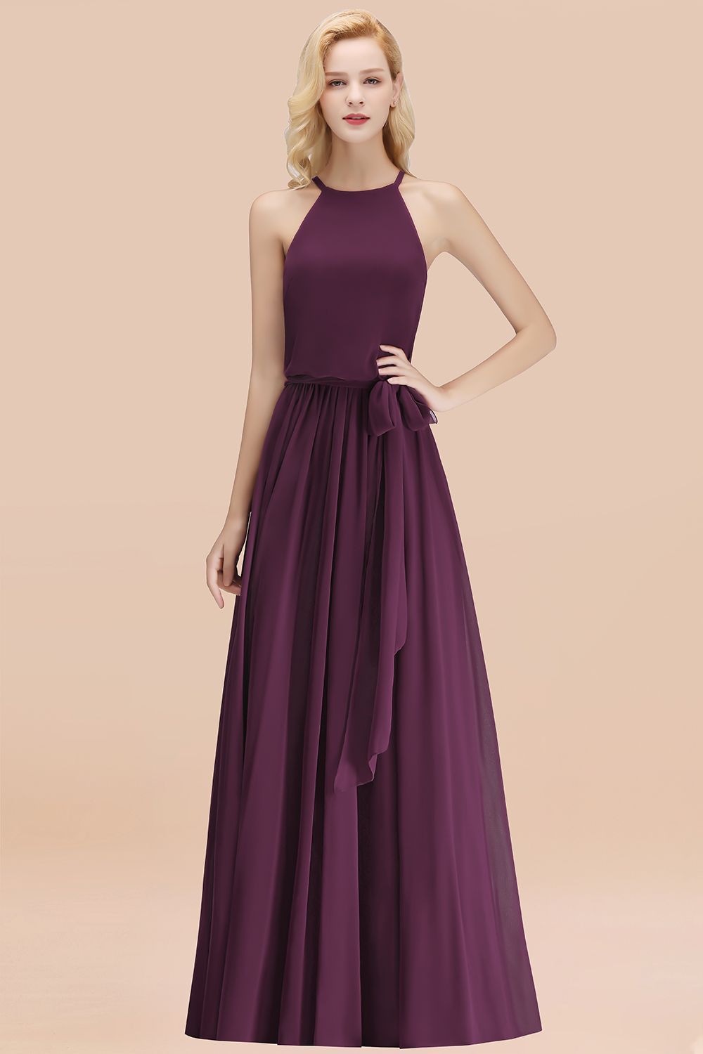 BMbridal Affordable Halter Bow Long Bridesmaid Dress Modest Burgundy Chiffon Wedding Party Dress-BMbridal
