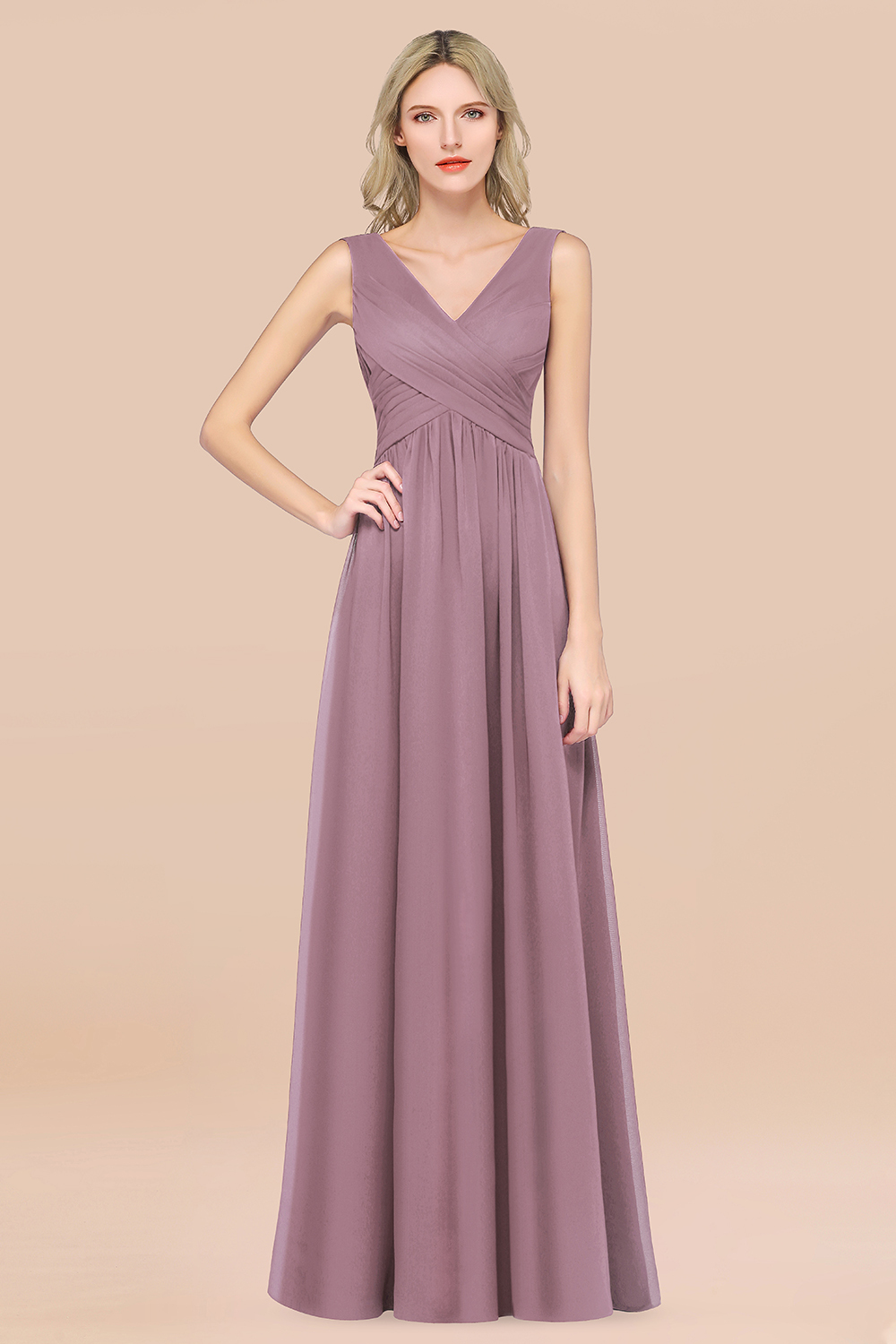 BMbridal Glamorous Chiffon V-Neck Sleeveless Burgundy Bridesmaid Dress with Draped Back-BMbridal
