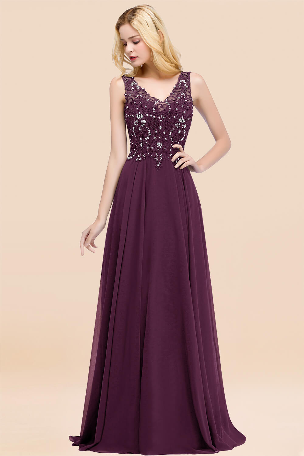 BMbridal Affordable Lace V-Neck Navy Bridesmaid Dresses With Appliques-BMbridal