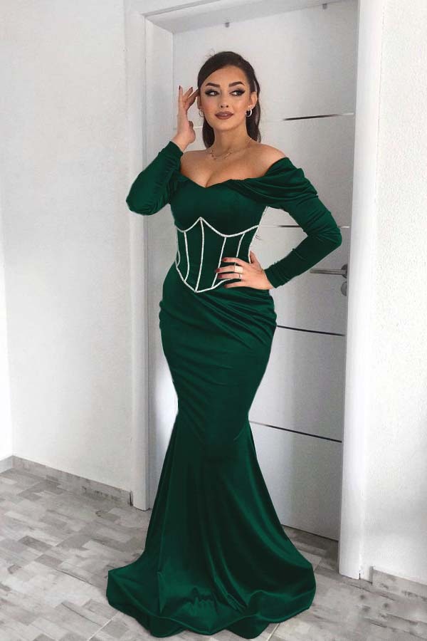 Off the Shoulder Prom Dress Dark Green Long Sleeves Mermaid