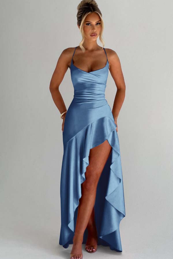 Spaghetti Strap Sleeveless Long Split Prom Dress With Pleated