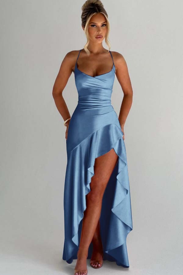 Spaghetti Strap Sleeveless Long Split Prom Dress With Pleated