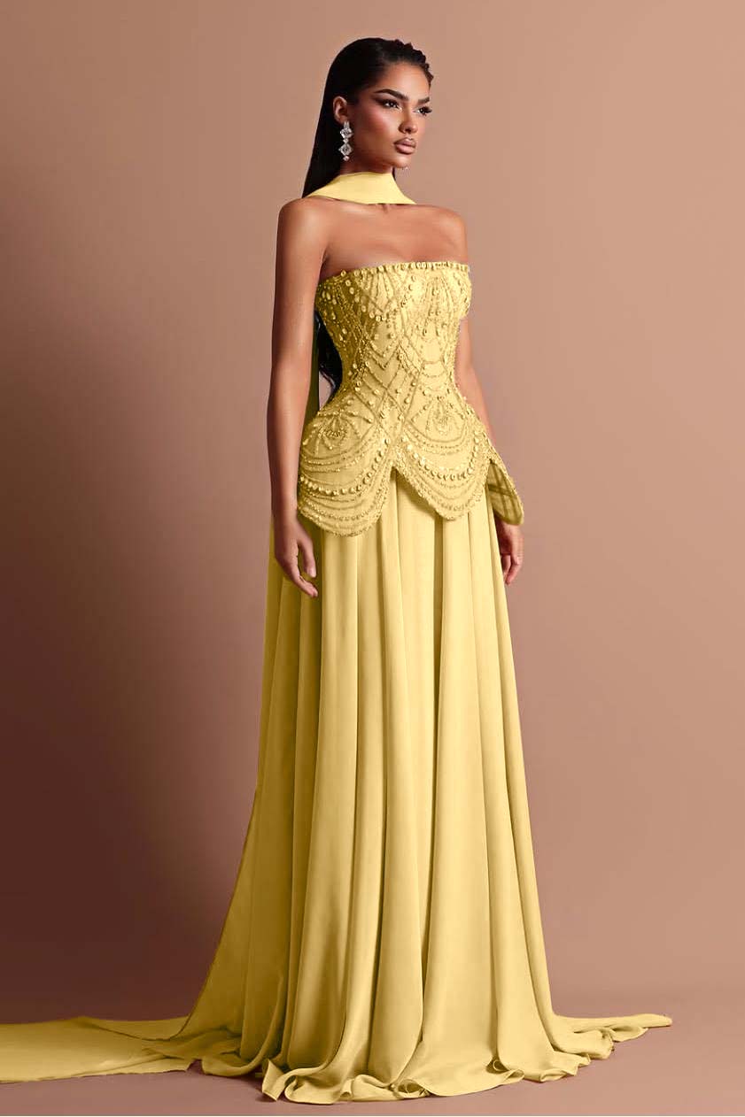 Strapless Sleeveless Long Prom Dress With Beading Pleated Wrap