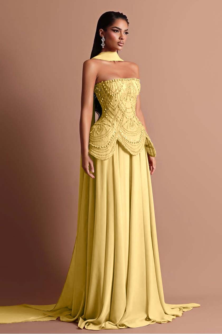 Strapless Sleeveless Long Prom Dress With Beading Pleated Wrap