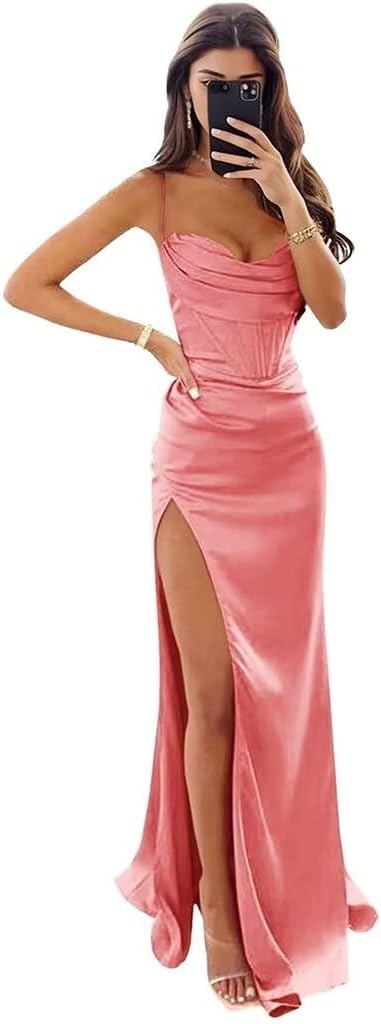 Satin Prom Dresses for Women Long 2025 Spaghetti Straps Mermaid Formal Evening Party Gown with Slit-BMbridal.UK