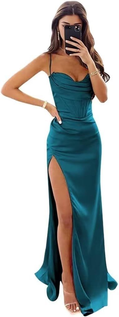 Satin Prom Dresses for Women Long 2025 Spaghetti Straps Mermaid Formal Evening Party Gown with Slit-BMbridal.UK