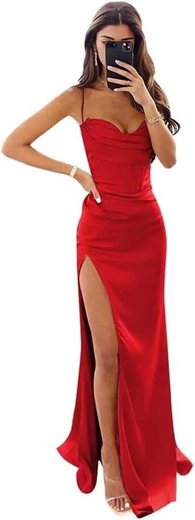 Satin Prom Dresses for Women Long 2025 Spaghetti Straps Mermaid Formal Evening Party Gown with Slit-BMbridal.UK