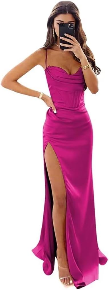 Satin Prom Dresses for Women Long 2025 Spaghetti Straps Mermaid Formal Evening Party Gown with Slit-BMbridal.UK
