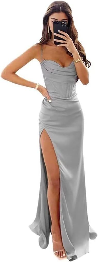 Satin Prom Dresses for Women Long 2025 Spaghetti Straps Mermaid Formal Evening Party Gown with Slit-BMbridal.UK