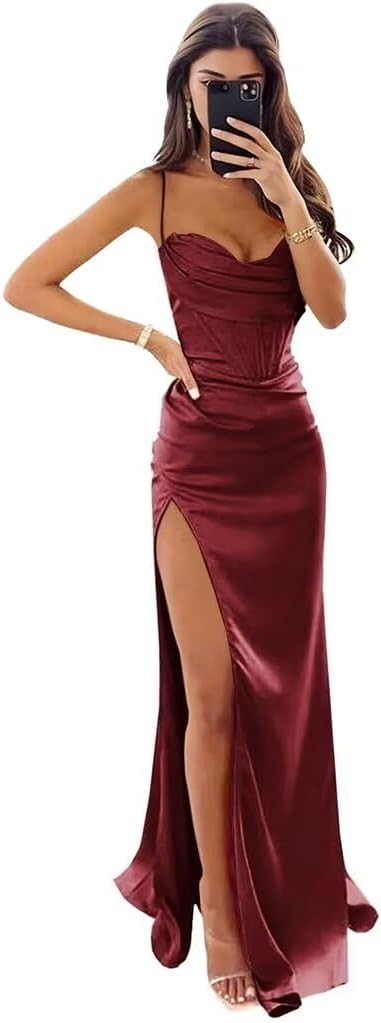 Satin Prom Dresses for Women Long 2025 Spaghetti Straps Mermaid Formal Evening Party Gown with Slit-BMbridal.UK