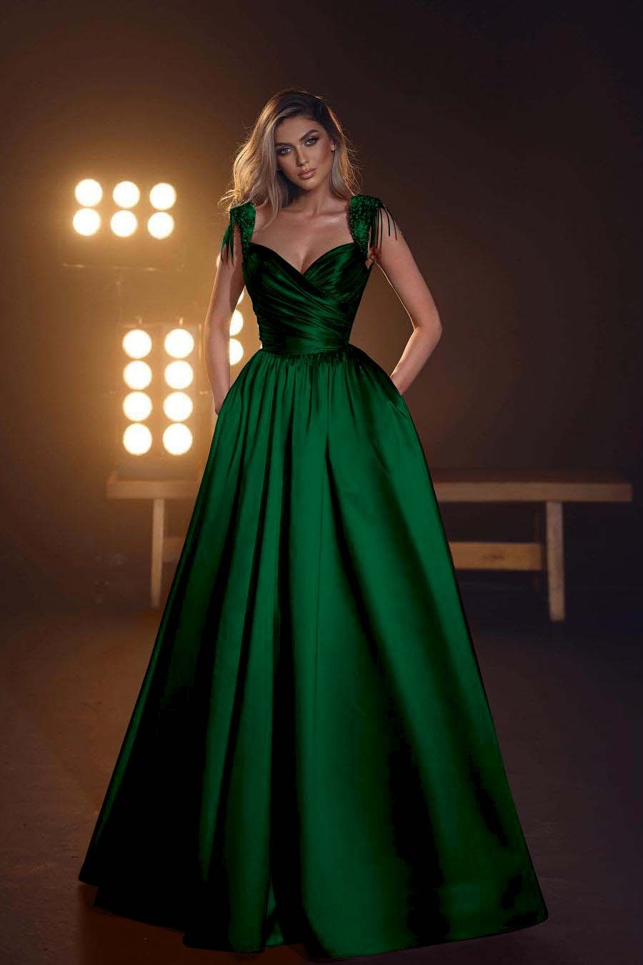 Straps Sleeveless Long Prom Dress With Pleated Pockets Sequins