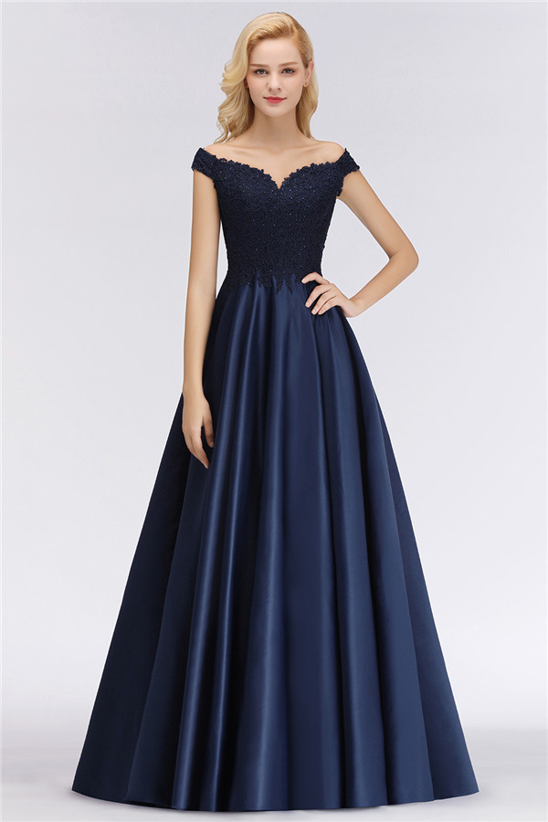 BMbridal Elegant Off-the-Shoulder Ruffle Navy Lace Bridesmaid Dresses with Beads-BMbridal