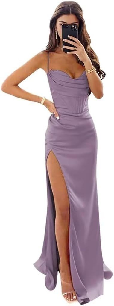 Satin Prom Dresses for Women Long 2025 Spaghetti Straps Mermaid Formal Evening Party Gown with Slit-BMbridal.UK