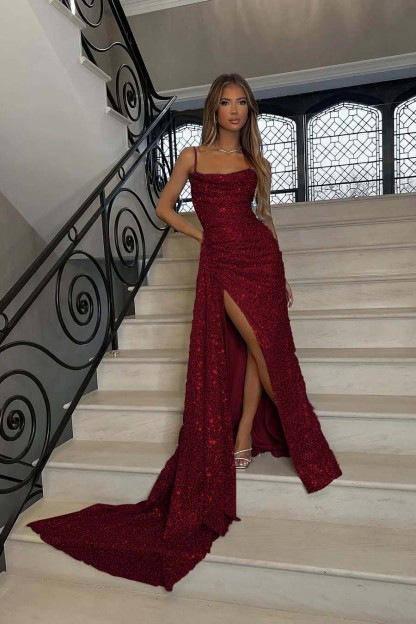 Sequins Spaghetti Strap Sleeveless Long Mermaid Prom Dress With Split