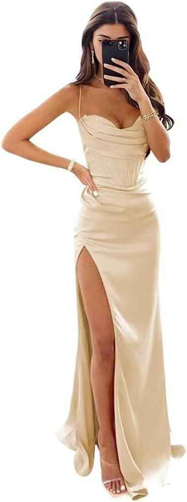 Satin Prom Dresses for Women Long 2025 Spaghetti Straps Mermaid Formal Evening Party Gown with Slit-BMbridal.UK