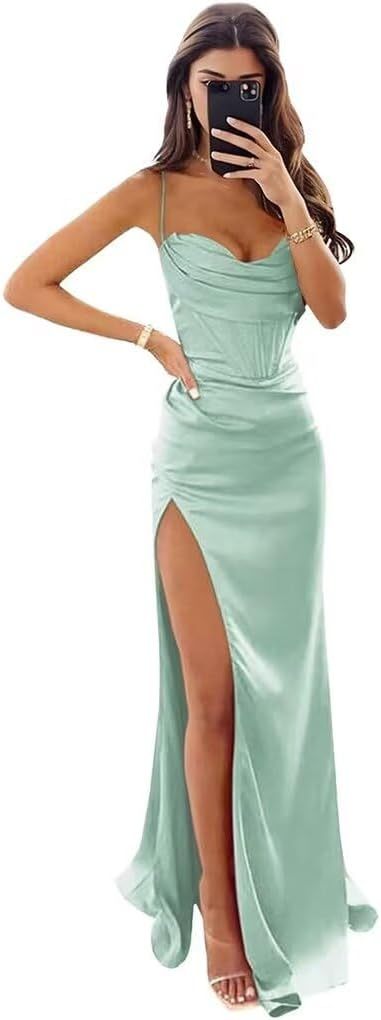 Satin Prom Dresses for Women Long 2025 Spaghetti Straps Mermaid Formal Evening Party Gown with Slit-BMbridal.UK