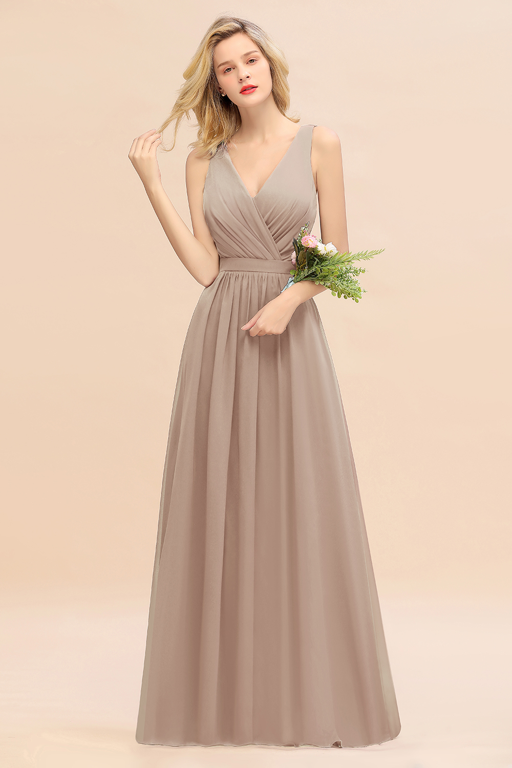 BMbridal Affordable V-Neck Ruffle Long Grape Chiffon Bridesmaid Dress with Bow-BMbridal